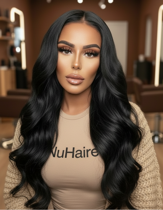 Model wearing a glueless body wave wig with 9x6 M-Cap HD lace closure by NuHaire