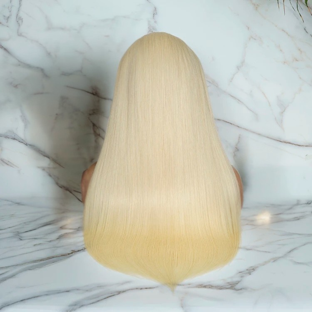 Back view of 12A grade white blonde wig showing full hair density and silky straight texture