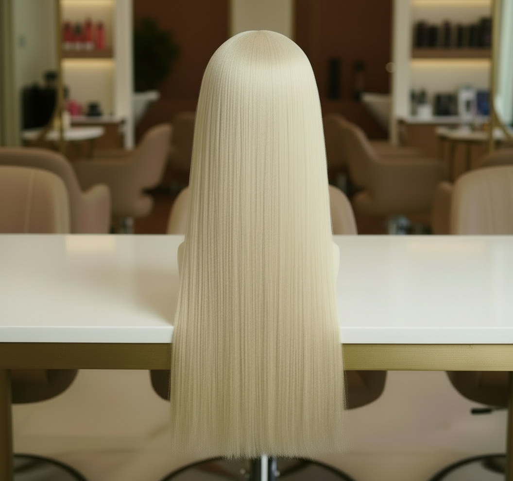 Back view of 12A grade white blonde wig showing full hair density and silky straight texture