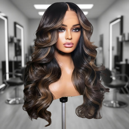Mannequin head featuring a NuHaire Chestnut Brown Highlight Body Wave Human Hair Wig, showcasing rich chestnut brown highlights and a flowing body wave texture, complete with a thin 13x4 transparent lace.