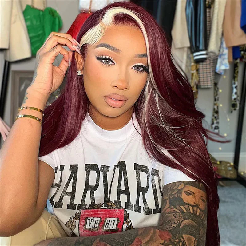 13x4 Transparent lace front highlight human hair body wave wig displayed on a model showing chunky blonde highlight, rich 99J burgundy color, body wave texture, premium natural hairline, styling versatility, and realistic scalp