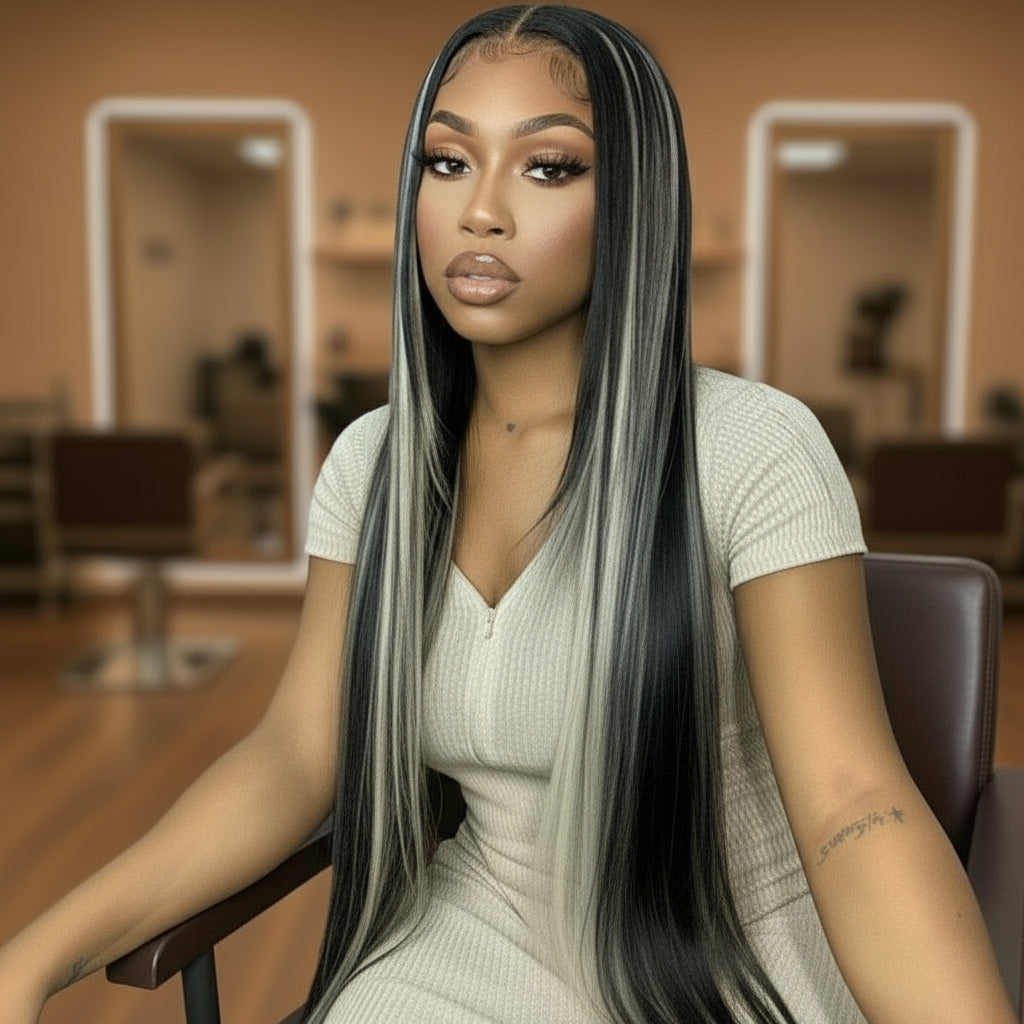 Model wearing 13x4 HD lace front silver grey highlight wig by NuHaire