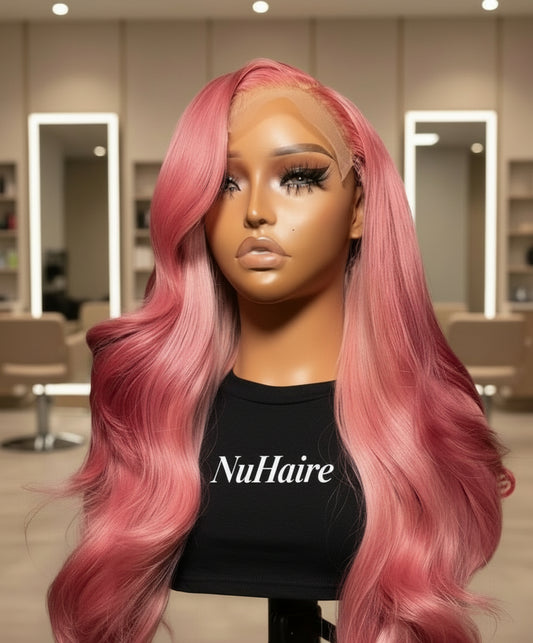 Side view of Mannequin head with NuHaire Raspberry pink balayage wig, showcasing pink body waves, premium European Human Hair Quality, 13x4 transparent lace front, and natural hairline in a room setting.