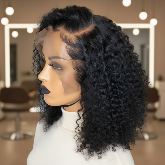 Mannequin head displaying NuHaire Short Water Curl 13x4/13x6 Lace Front Bob Wig showcasing natural black color, premium human hair quality, HD Transparent Lace, flowing water curl waves, and natural hairline