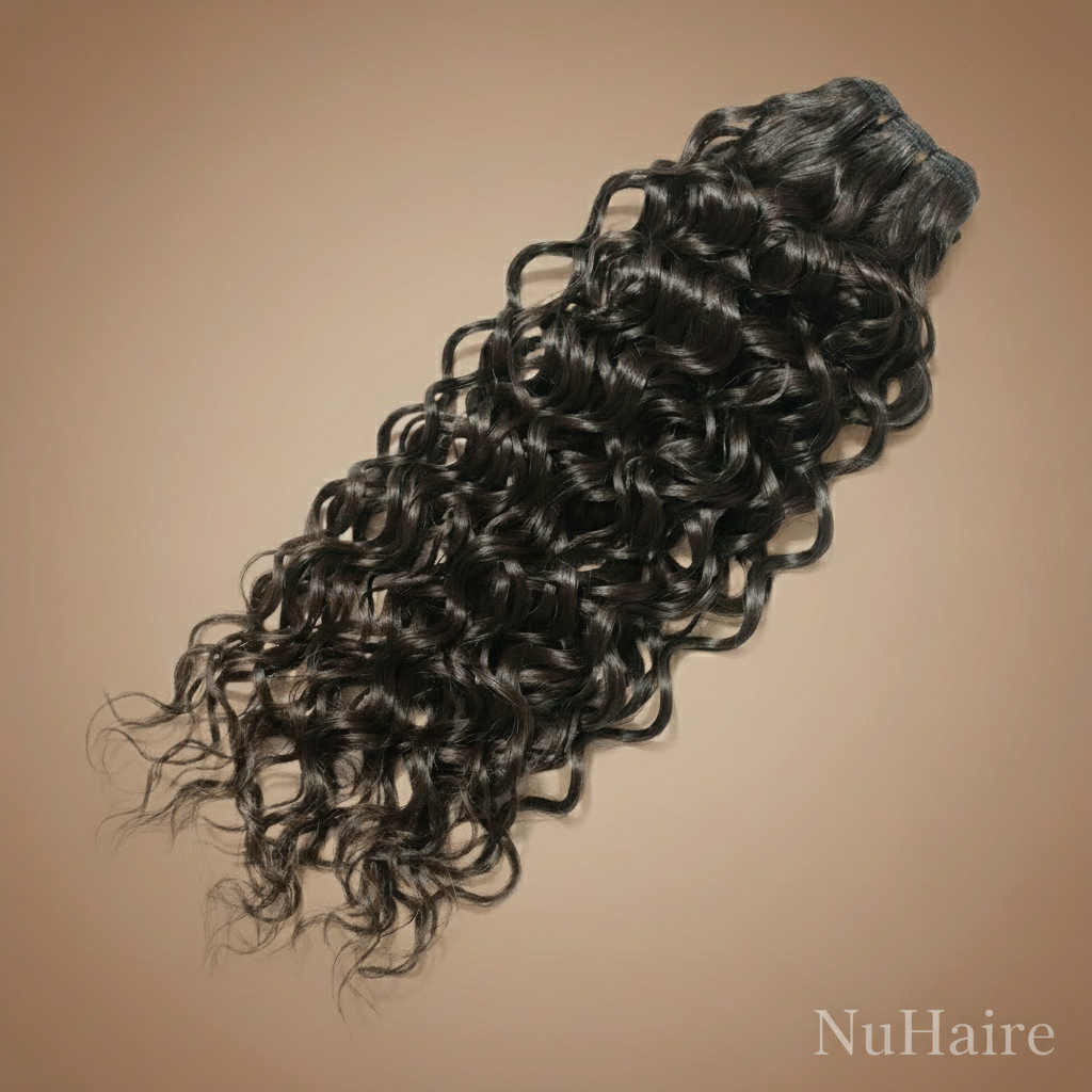Product Display 2 - NuHaire's Full & Thick Curly 1 pc Human Hair Bundle features a natural black color and premium human hair quality. It is available in Brazilian and Indian hair textures, providing full volume from root to tip with bouncy curly texture.