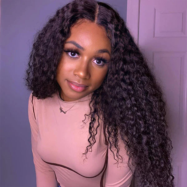 A woman models a NuHaire Deep Wave Human Hair wig with 180% density, showcasing its full volume from root to tip, along with a close-up that highlights the seamless 6x4 HD glueless lace closure and the premium wavy texture of the hair.