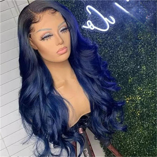 Different angle of midnight blue long-length body wave wig on a mannequin, featuring a 13x4 lace front, side part, and pre-plucked hairline.