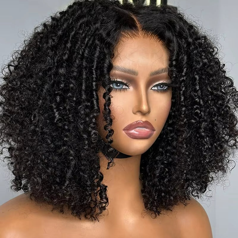 Side view of a mannequin head wearing Nuhaire's Pixie curly wig, made from unprocessed raw human hair. The wig showcases a curly texture, 250% density, and a skin melt HD hairline against a grey background.nd.