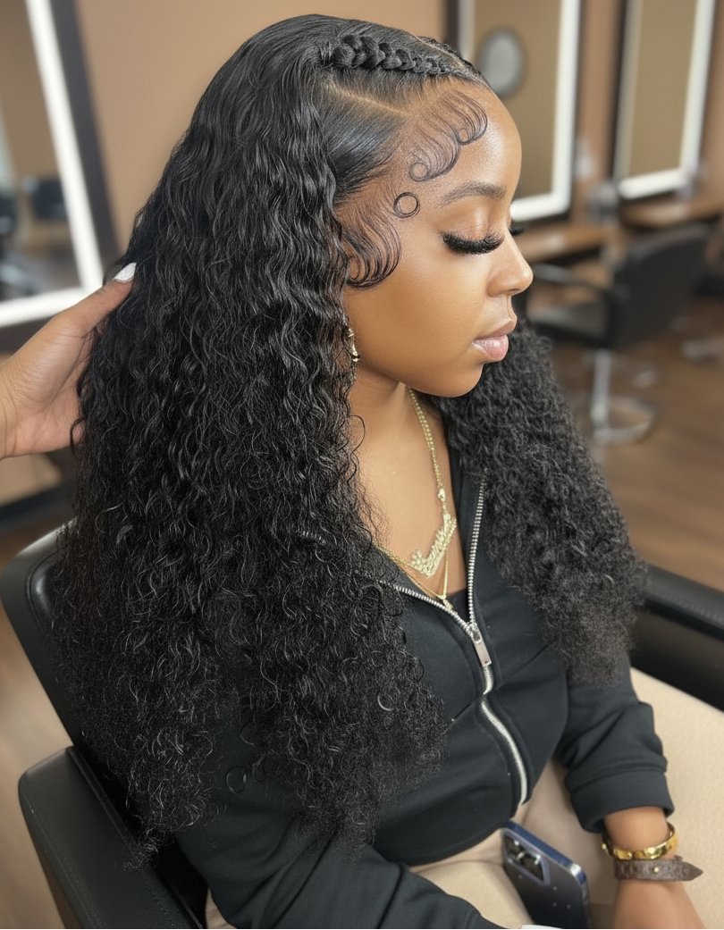 Side profile view of deep wave M-Cap glueless wig showing natural hairline and wave pattern