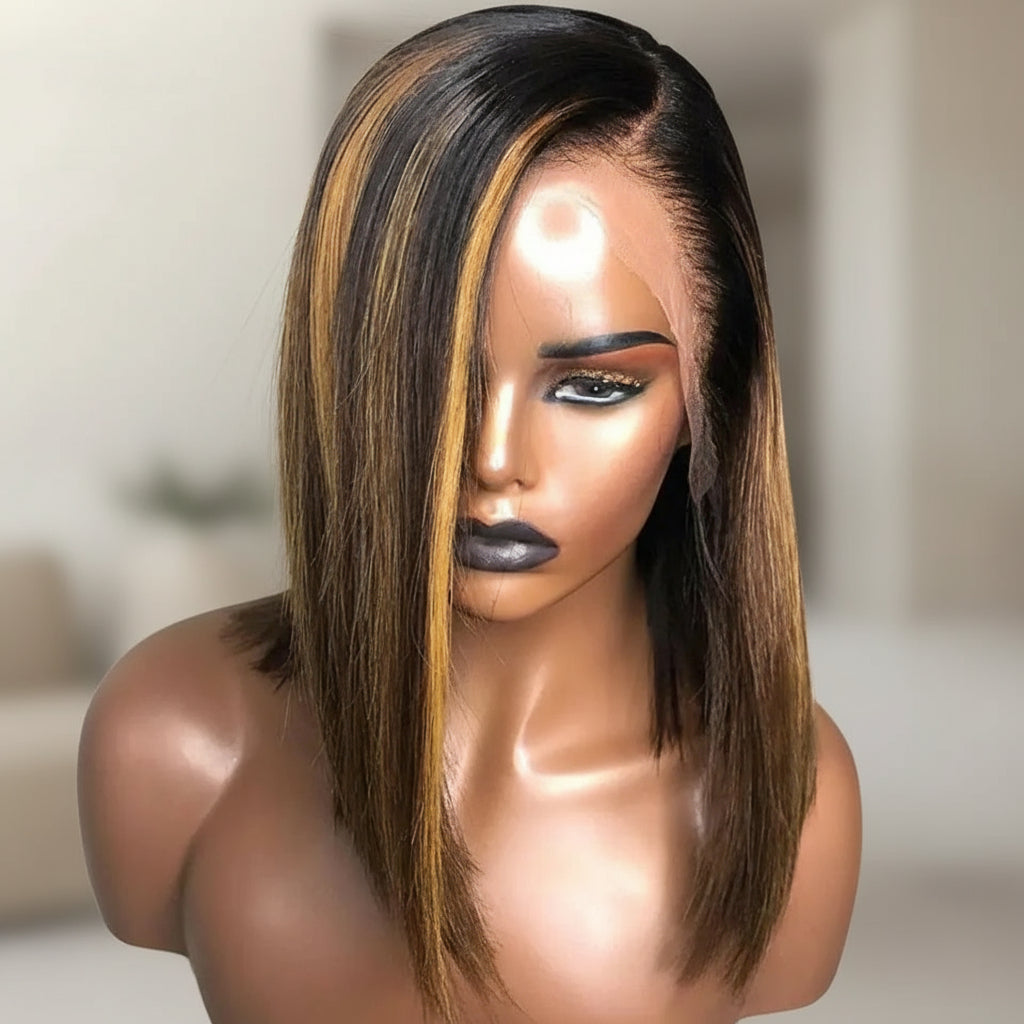 Front view - A mannequin displays NuHaire's #4/27 Brown Blonde Highlight Straight Human Hair Bob Wig, featuring a natural brown color with honey blonde highlights, full volume from root to tip, and skin-melting HD lace.
