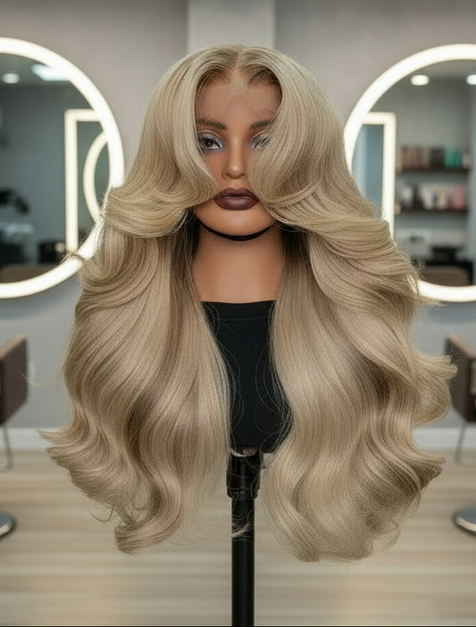 A mannequin in a salon setting showcases NuHaire's Ash Blonde Ombre Layered Cut Loose Wave Wig, featuring a brown root that blends into ash blonde highlights. This 250% density human hair wig offers a layered cut, loose wave texture, and various transparent lace size options for a natural hairline.