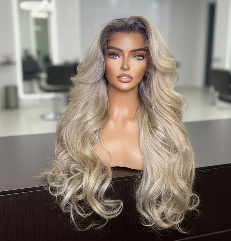 A mannequin displays NuHaire's Ombre Ash Blonde Highlight wig, featuring a dark root that transitions to ash blonde. This high-quality human hair wig offers 200% density and includes a 13x6 lace front with transparent lace for a natural hairline.