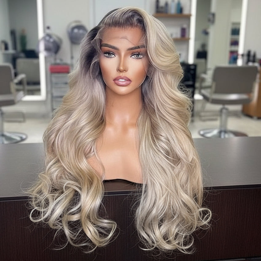Closer image of A mannequin displays NuHaire's Ombre Ash Blonde Highlight wig, featuring a dark root that transitions to ash blonde. This high-quality human hair wig offers 200% density and includes a 13x6 lace front with transparent lace for a natural hairline.