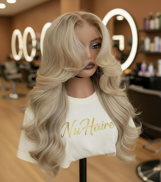 A mannequin showcases NuHaire's Ash Blonde Ombre Layered Cut Loose Wave Wig, featuring a brown root that blends into ash blonde highlights. This 250% density human hair wig offers a layered cut, loose wave texture, and various transparent lace size options for a natural hairline.
