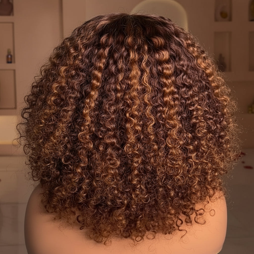 Back view of A mannequin head displaying the NuHaire Auburn Ombre Pixie Curly Human Hair Wig, which features a rich auburn ombre color, premium quality human hair, a 5x5 transparent lace closure, a natural hairline, and bouncy pixie curly texture.