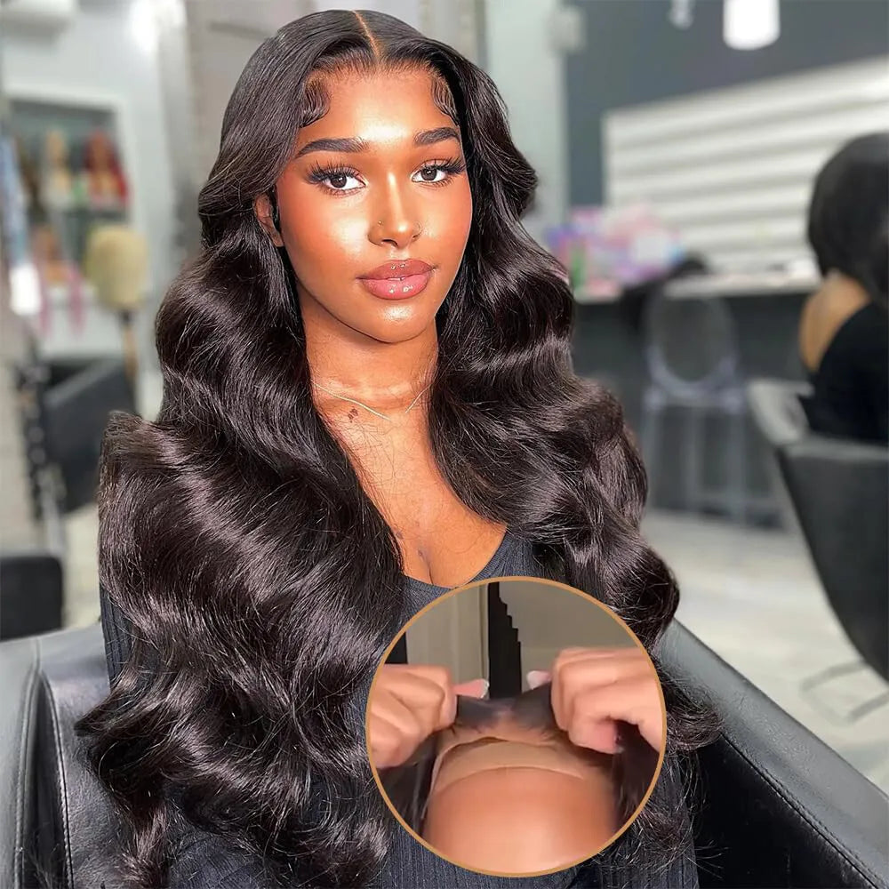 A woman is wearing a beginner-friendly NuHaire body wave wig with 180% density, providing full volume from root to tip, along with a 6x4 HD glueless lace closure.