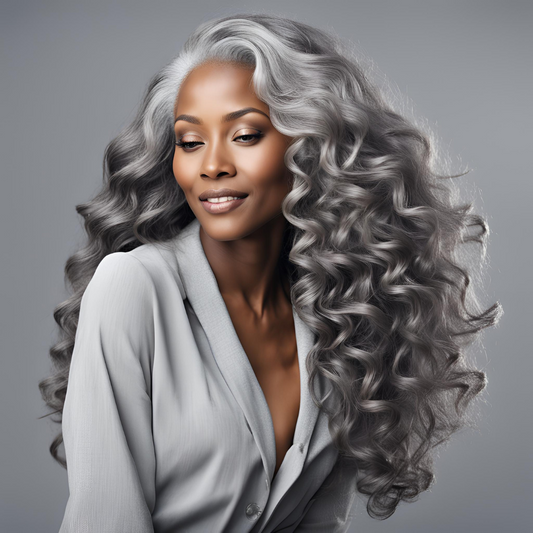 An African American woman wearing NuHaire's Silver Grey Deep Wave 13x6 Lace Front Human Hair Wig, showcasing premium European human hair, cascading waves, and a natural transparent hairline.