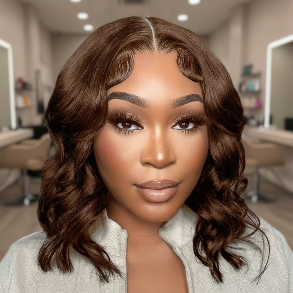 A woman wearing NuHaire Chocolate Brown Body Wave Lace Front Bob Wig, showcasing flowing body waves, flawless chocolate brown hair color, premium Human Hair Quality, 13x4 transparent lace front, and natural hairline.