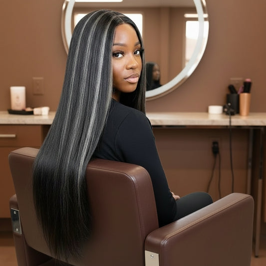 Model wearing silver grey highlight straight wig looking over shoulder showcasing dimensional highlight color