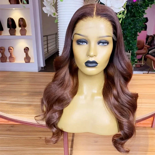 Different angle of 13x4 Transparent lace front auburn highlight human hair body wave wig displayed on mannequin head showing premium natural hairline, styling versatility, and realistic scalp in NuHaire hair salon