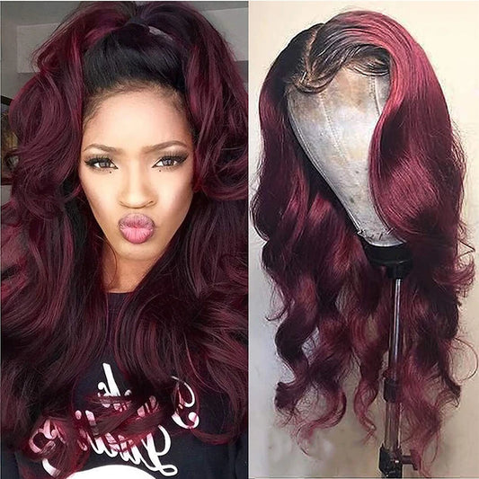 Side by side comparison - model wearing 1B/99J burgundy ombre 13x4 lace front wig, showing styling versatility by wearing hair in half up half down style; on left, body wave wig on mannequin head with displaying wave texture and natural hairline on right