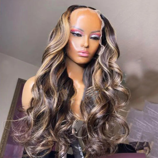 13x6 Honey Blonde Highlight Natural Wave Wig displaying seamless hairline and transparent lace construction on mannequin