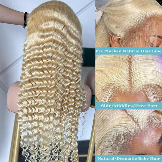 613 Blonde human hair wig with detailed views of deep wave texture, natural hairline, realistic scalp parting, and baby hair.