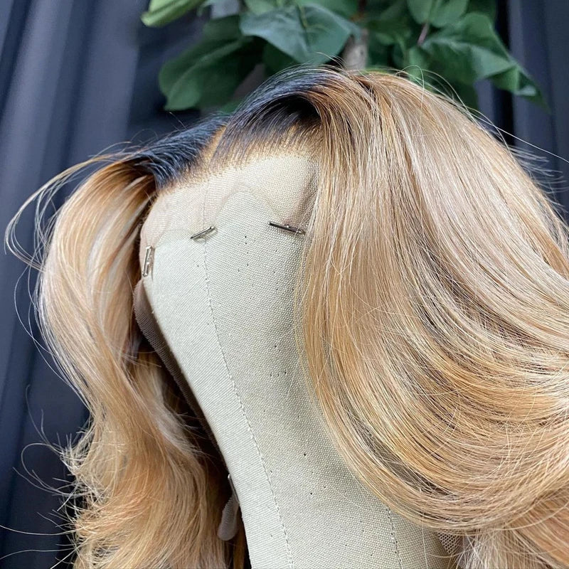 Close-up detail of 1B/613 blonde ombre bob 13x4 lace front wig showing realistic hairline and gradual ombre color transition from black to blonde on mannequin head