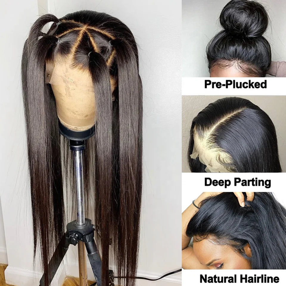 Side by side image - Brazilian silky straight 13x4 transparent lace front wig displayed on mannequin head showing parting versatility on the left side, and up close images of pre-plucked, deep parting, and natural hairline on the right side