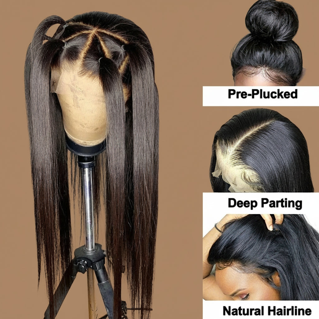 Side by side image - Brazilian silky straight 13x4 transparent lace front wig displayed on mannequin head showing parting versatility on the left side, and up close images of pre-plucked, deep parting, and natural hairline on the right side