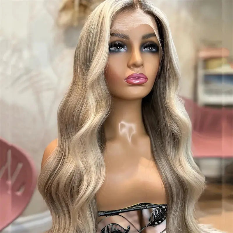 13x4 Light Ash Blonde Body Wave Transparent Lace Wig up close front view highlighting premium quality, natural hairline, and realistic appearance
