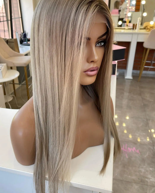 13x6 Blonde Silky Straight Lace Front Wig on model demonstrating seamless hairline and transparent lace construction