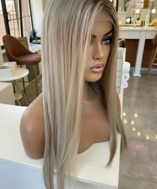 13x6 Blonde Silky Straight Lace Front Wig on model demonstrating seamless hairline and transparent lace construction