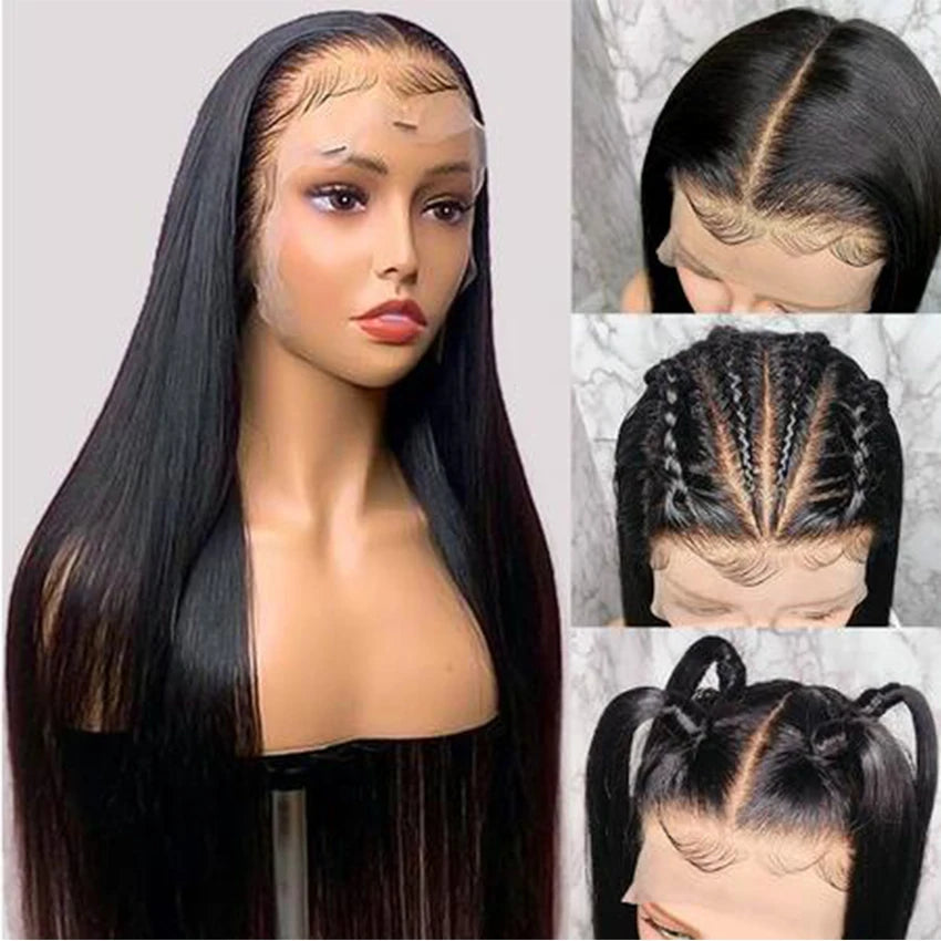 Side by side image - raw Brazilian silky straight 13x4 HD lace wig on mannequin on left and 3 close-up shots of realistic scalp on right showing middle part, French braids, and ponytail styling versatility