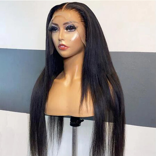 Raw Brazilian silky straight 13x4 HD lace frontal wig displayed on mannequin head showing sleek straight texture and Brazilian human hair quality with extra full density