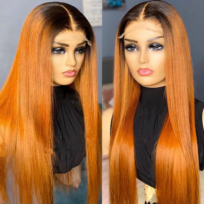 13x4 Ginger Ombre Straight Wig front view mannequin display highlighting seamless hairline and bold color blend