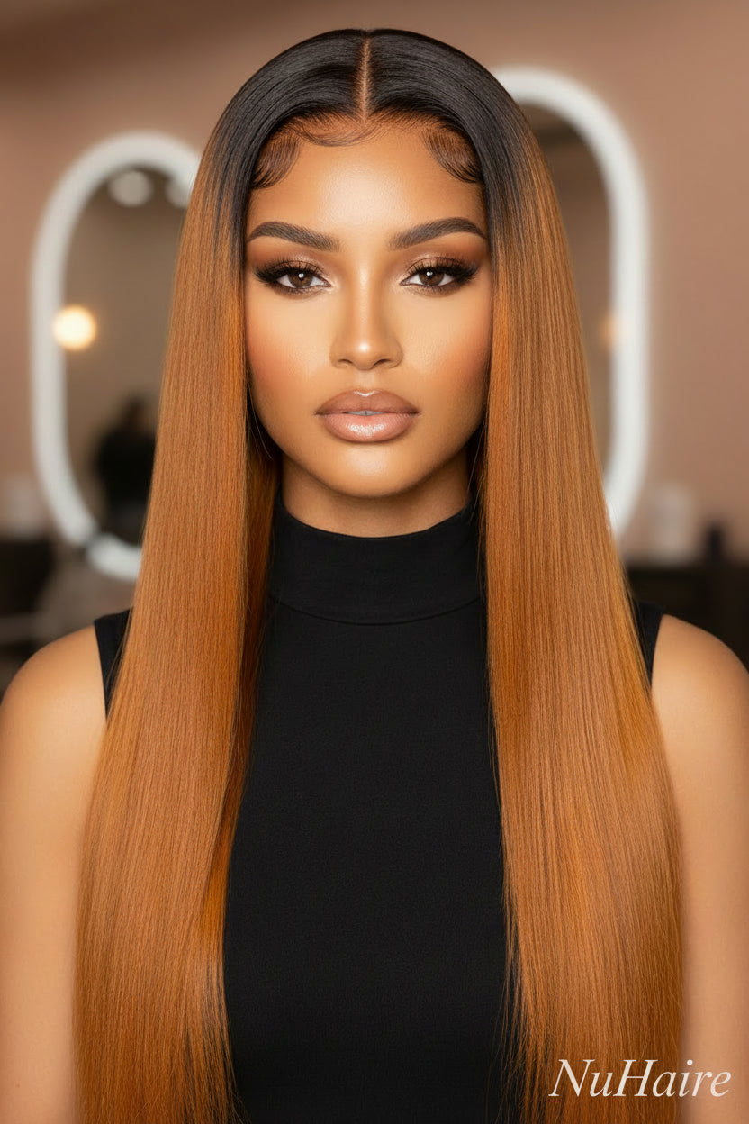 13x4 Ginger Ombre Straight Wig front view mannequin display highlighting seamless hairline and bold color blend