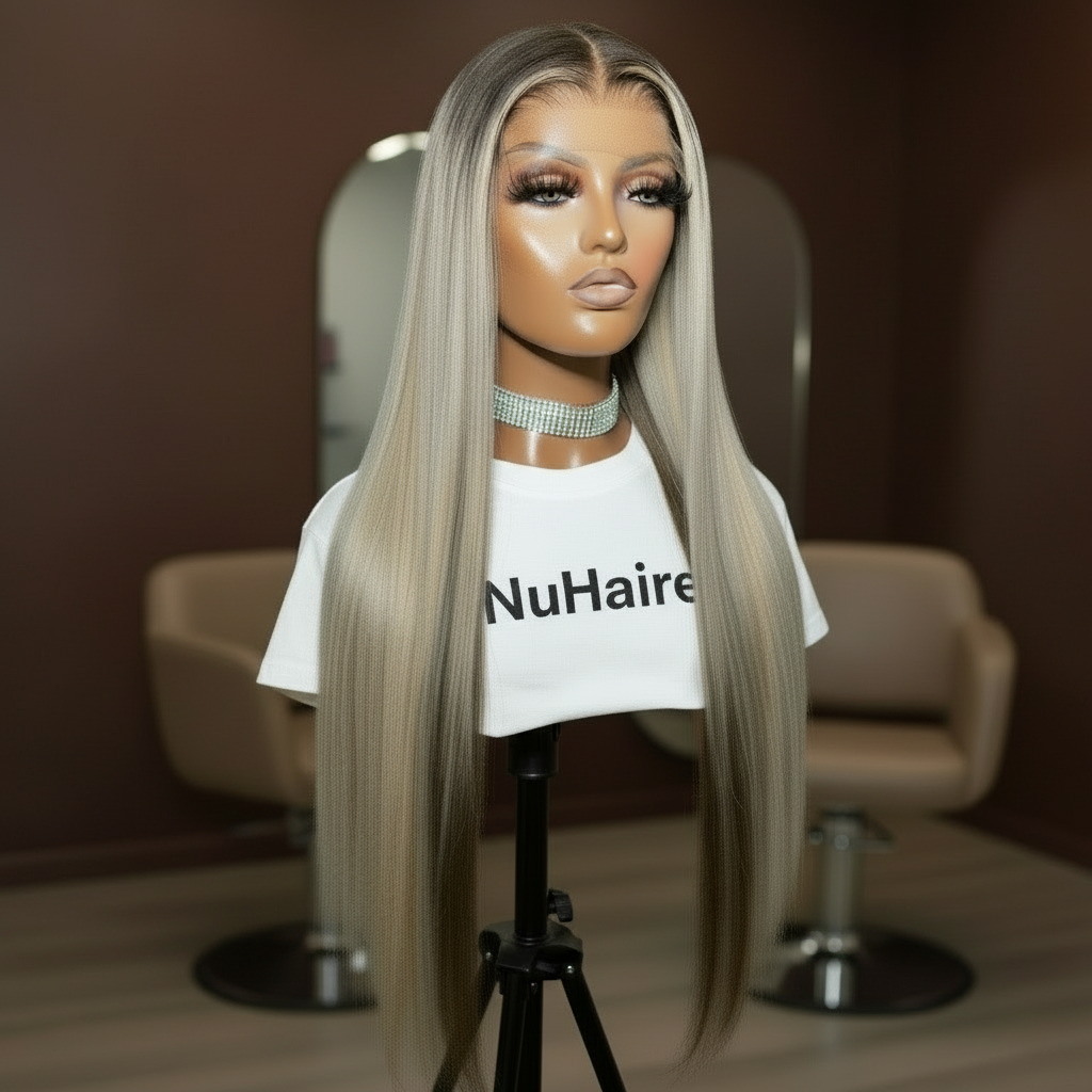 Mannequin head featuring NuHaire's Ash Blonde Ombre Highlight Straight Wig, showcasing a flawless ombre color transformation, premium European human hair quality, 13x4 transparent lace front, natural hairline, and silky straight texture against a gray background.