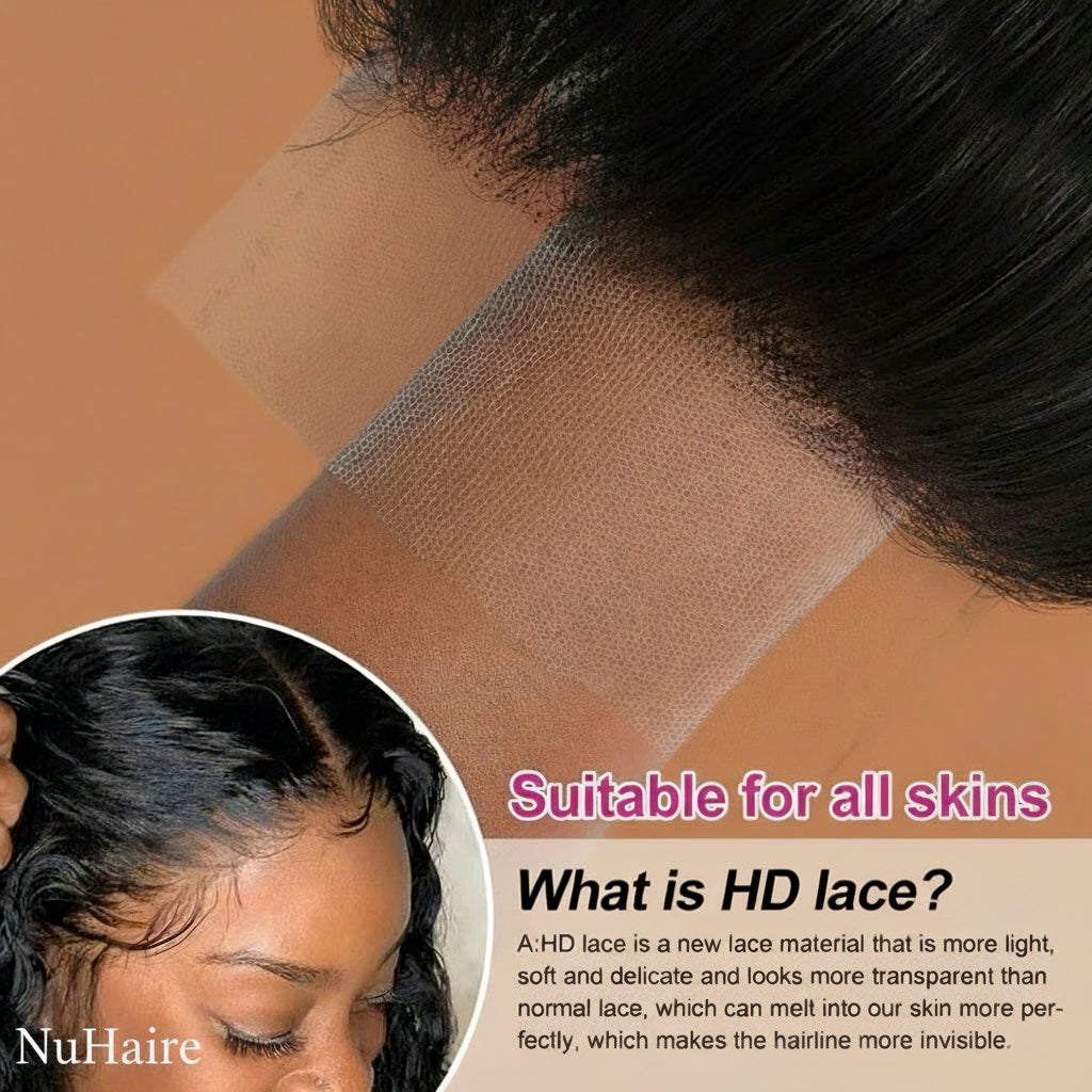Product Display 3 - NuHaire's Brazilian / Indian Kinky Straight Skin Melt HD Lace Closure features a natural black color and premium human hair. Available in Brazilian and Indian textures with various lace sizes, it offers full volume and a natural kinky straight texture.