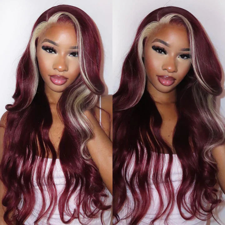 Two-part image - 13x4 Transparent lace front highlight human hair body wave wig displayed on model showing chunky blonde highlight, rich 99J burgundy color, body wave texture, premium natural hairline, styling versatility, and realistic scalp