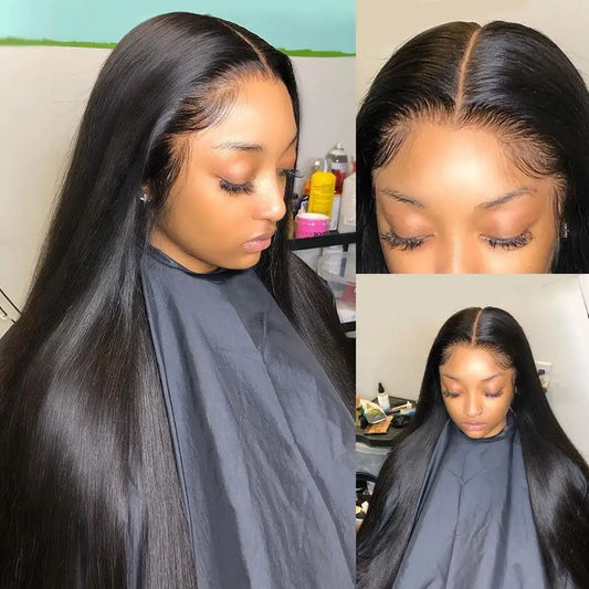 Side by side image - Brazilian silky straight 13x4 transparent lace front wig displayed on model's head on left side, and up close images of hairline and realistic scalp on the right side