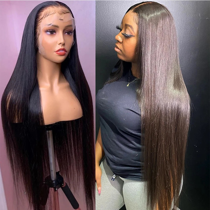 Side by side image - raw Brazilian silky straight 13x4 HD lace front wig on mannequin on left and model wearing unprocessed Brazilian hair wig on right showing smooth straight texture