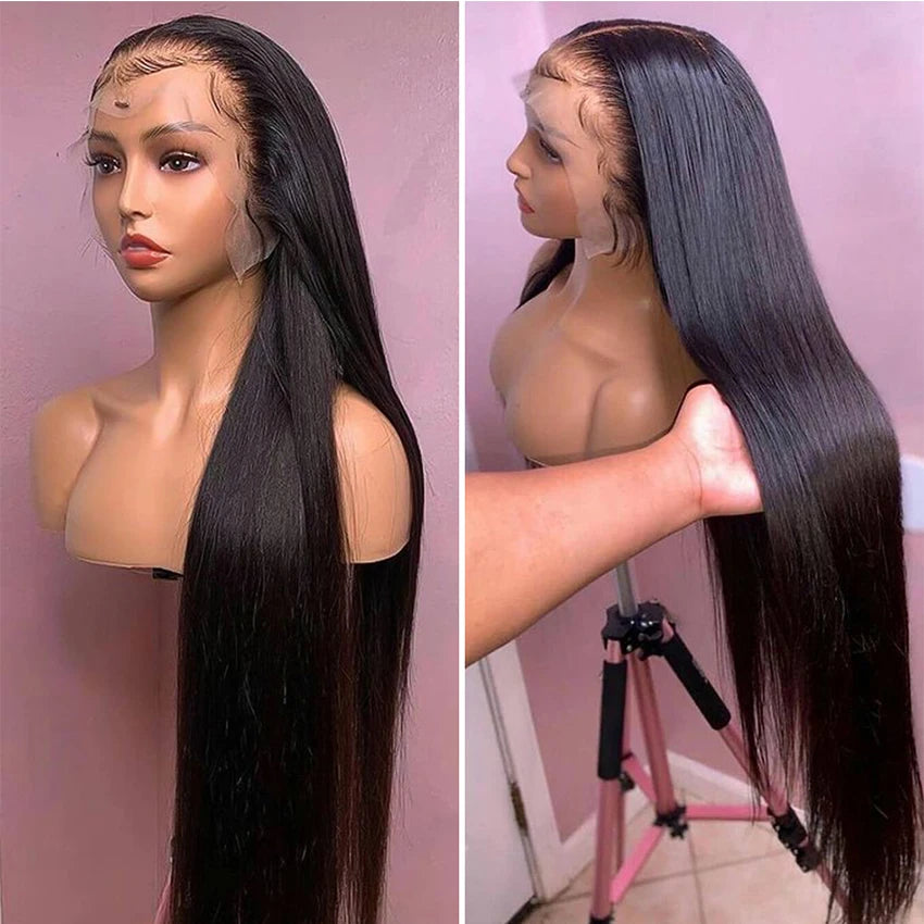 Side by side image - raw Brazilian silky straight 13x4 HD lace front wig displayed on mannequin heads on both sides showing 200% density unprocessed hair and full volume texture
