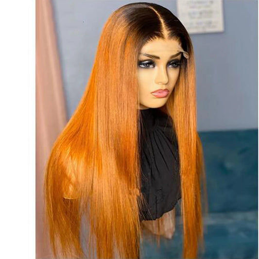 13x4 Ginger Ombre Straight Human Hair Wig on mannequin head displaying vibrant color and transparent lace construction