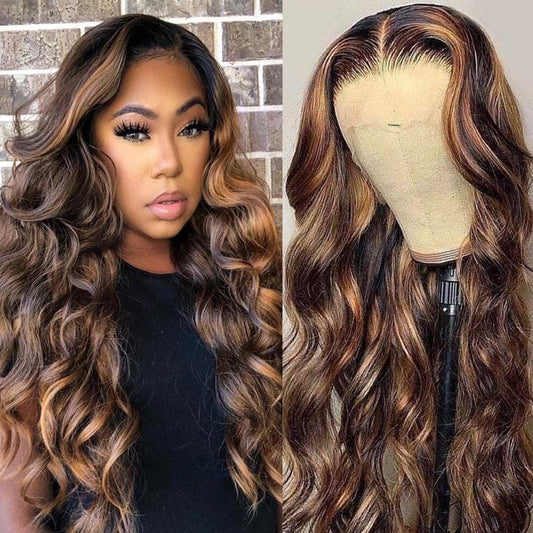 Two-part image - model wearing 4/27 honey blonde highlight body wave wig on left side and product display of 13x4 lace frontal wig on right showing highlighted blonde color