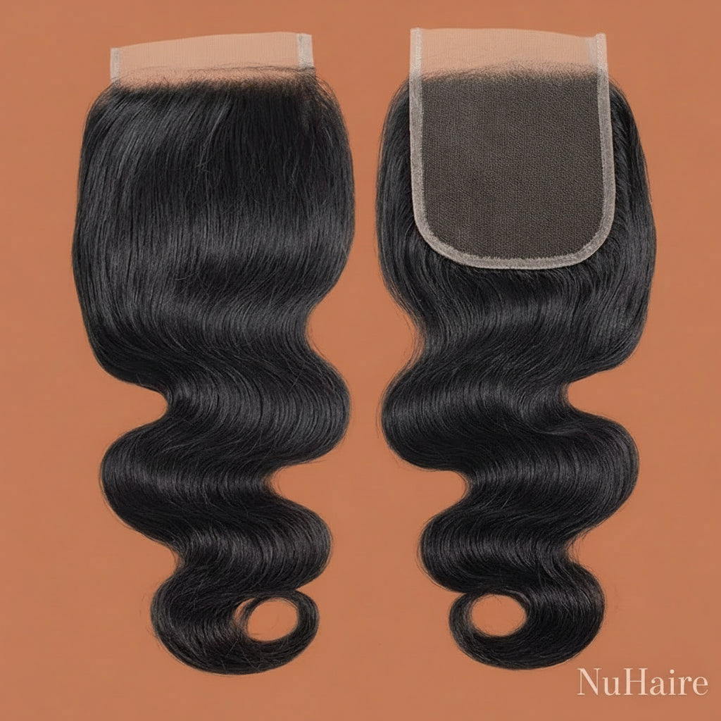 Product Display- NuHaire's Brazilian / Indian HD Lace Body Wave 1 pc Human Hair Closure features a natural black color and premium human hair. Available in Brazilian and Indian textures with various lace sizes, it offers full volume and a body wave texture.