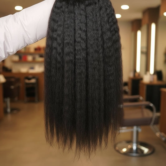 NuHaire's Kinky Straight | 1 Piece Human Hair Bundle features a natural black color and premium human hair quality. It is available in Brazilian and Indian hair textures, providing full volume from root to tip with natural kinky straight texture.