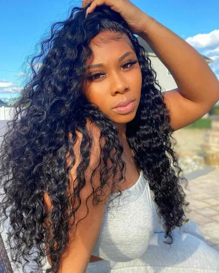 13x6 Transparent lace front human hair loose wave wig display on model showing premium natural hairline, loose wave texture, and realistic scalp