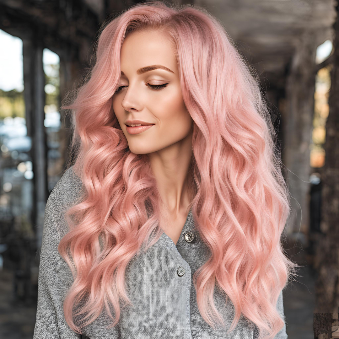 A model wearing NuHaire Powder pink loose wave Human Hair wig featuring soft, flowing Malaysian waves, full volume, and a 13x4 natural-looking hairline.