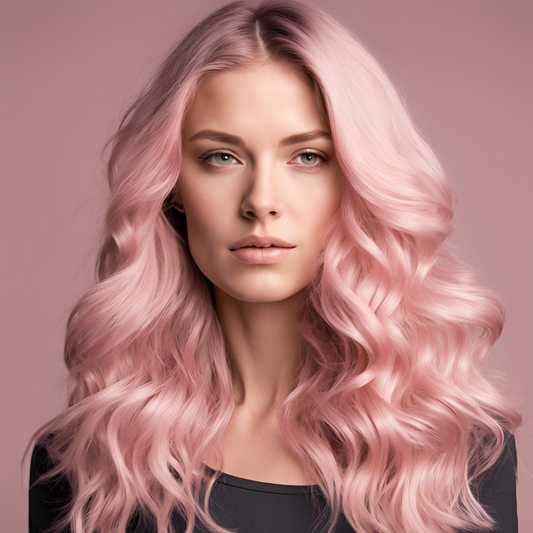 A model wearing NuHaire Powder pink loose wave Human Hair wig featuring soft, parting versatility, flowing Malaysian waves, and a 13x4 natural-looking hairline.